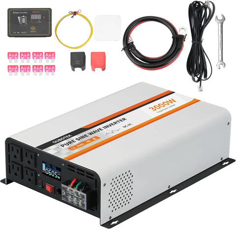 3000W Pure Sine Wave Inverter, DC 12V to AC 120V Car Inverter with LCD Display, Remote Control, USB Port, 4 AC Outlets