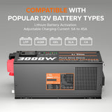 3000W Pure Sine Wave Inverter Charger, 12V DC to 110V - 120V AC, 9000W Peak Power, 5A - 45A Adjustable Current